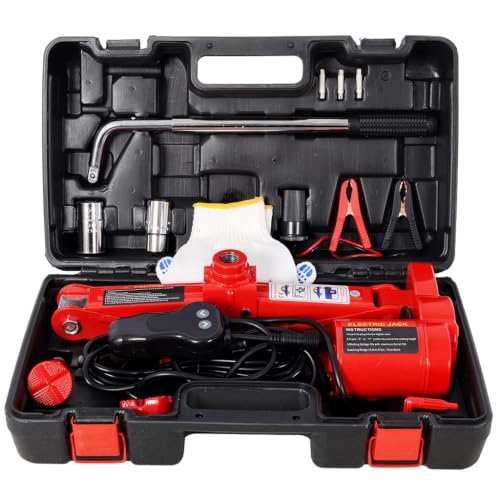 Electric Car Jack Kit 3 Ton, 12V Hydraulic Scissor Jack with Impact Wrench, Tire Inflator Pump, LED Light, Automatic Lifting System for Sedan Truck Tire Change Emergency Roadside Repair Red