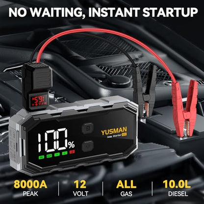 YUSMAN Car Jump Starter, 8000A 12V Jump Battery Pack (All Gas/10.0L Diesel), Portable Jump Starter with Display, Car Jump Starter with Extended Smart Cables, Quick Charge 3.0, LED Light