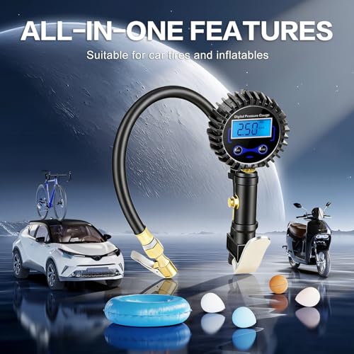 Digital Tire Pressure Gauge with Inflator 250 PSI | Heavy Duty Air Chuck & Compressor Accessories with Quick Connect Coupler and Rubber Hose for Cars, Inflatables