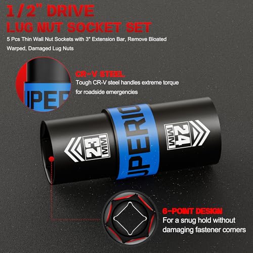 1/2" Drive Lug Nut Socket Set, 16-24 mm Flip Socket Set, 5 Pcs Thin Wall Nut Sockets with 3" Extension Bar, Remove Bloated Warped, Damaged Lug Nuts - size: 5PCS：16MM-24MM