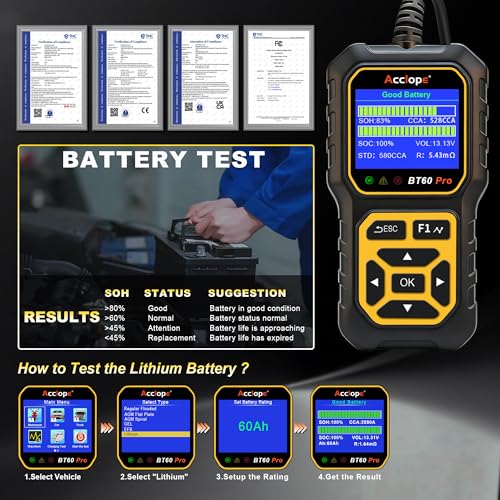 BT60 PRO Car Battery Tester 6V/12V/24V, 2–120Ah, 100–3000 CCA, AGM/Gel/Lithium, Alternator & Starter/Charging System Analyzer, QR Cloud Report (No App), Digital Analyzer - color: Black-Yellow
