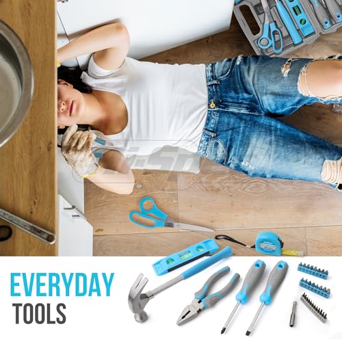 Hi-Spec Household Starter Tool Set with Carry Toolbox for Dorms, Blue | 38pc, socket and wrench coverage, roadside fixes, organized box, garage maintenance help, bike and vehicle tasks, quick setup - color: Blue