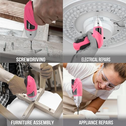 Hi-Spec Small Electric Screwdriver, Mini Drill Set, Rechargeable 3.6V Cordless Screwdriver with 26 Driver Bits, Power Tool for Small Projects & Home Use, Pink | 27pc, Speeds furniture assembly, comfortable cordless control, LED work light, USB charging, o