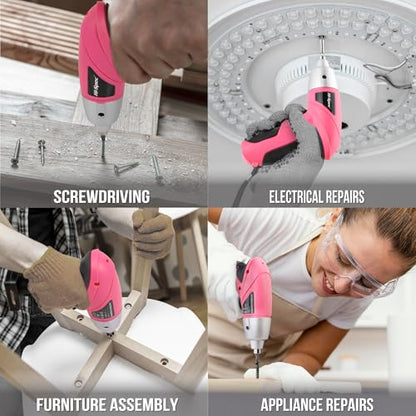 Hi-Spec Small Electric Screwdriver, Mini Drill Set, Rechargeable 3.6V Cordless Screwdriver with 26 Driver Bits, Power Tool for Small Projects & Home Use, Pink | 27pc, Speeds furniture assembly, comfortable cordless control, LED work light, USB charging, o