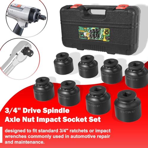 8PCS 3/4" Drive Spindle Axle Nut Impact Socket Set, 2-1/16" to 2-1/2" | Heavy Duty 6-Point CR-MO Chromoly Steel for Truck & Auto Repair