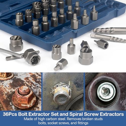 MABLEVI 36 Pcs Upgrade Screw Extractor Set, 3/8” Drive Multi-Spline Easy Out Bolt Extractor Set, Stripped Screw Removal Tool Kit for Removing Nuts Bolts with Solid Storage Case - size: 36-piece