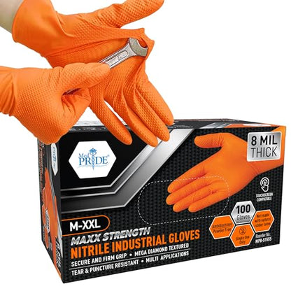 MED PRIDE Maxx Strength Nitrile Industrial Orange Gloves, 8 Mil Thick - Diamond Texture Disposable Heavy-Duty, Tear-Resistant - size: Medium