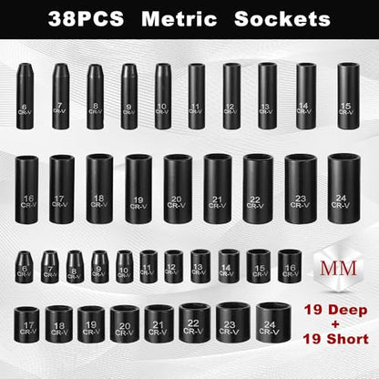 Aloanes 3/8" Drive Impact Socket Set, 64-Piece Deep & Shallow SAE (5/16"-1") & Metric (6mm-24mm) Sockets, 72-Tooth Ratchet Wrench, Universal Joint&Power Drill Adapter&Extension Bars - size: 3/8" 64 PCS SAE & Metric