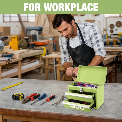 WORKPRO Portable Mini Tool Box, 2 Drawers Metal Tool Chest with Ball Bearing Slides, Top Storagewith Latch, Ergonomic Carrying Handle, Mechanic Toolbox with PVC Liners and PP Feet Pads - color: Macaron Green