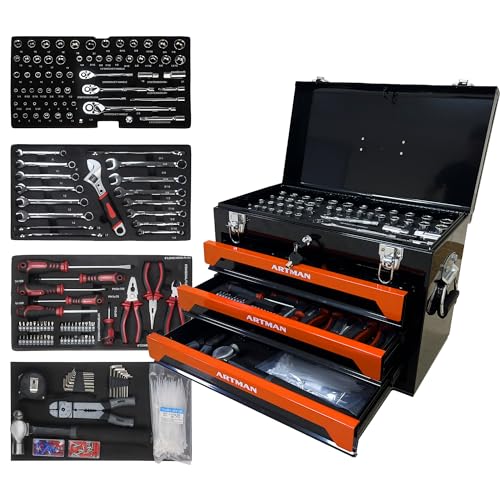Campfun 439PCS Tool Set, Mechanic Tool Set for Home, Tool Box Set 4-Tier Socket Wrench Ratchet Plier Nails, Home Tool Set Mechanics Kit with 3 Drawers Organizer for Adults Man Handyman, Orange - color: 439pcs-orange