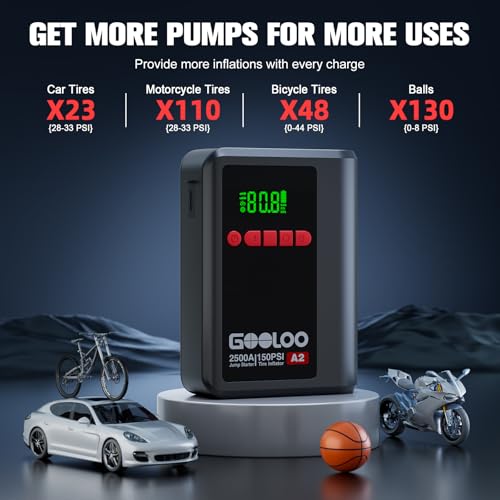 GOOLOO A2 Jump Starter with Air Compressor (2000A & 150 PSI) - 12V Vehicle | Supersafe Battery Jumper Starter Portable - Jump Box- Auto-Shutoff Tire Inflator - LED Light - For Up to 8L Gas/6L Diesel