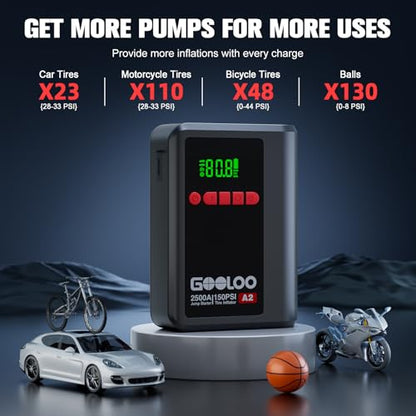 GOOLOO A2 Jump Starter with Air Compressor (2000A & 150 PSI) - 12V Vehicle | Supersafe Battery Jumper Starter Portable - Jump Box- Auto-Shutoff Tire Inflator - LED Light - For Up to 8L Gas/6L Diesel