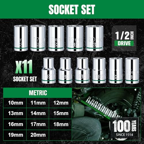 SK 1/2" Drive Socket Set, Metric Sockets, 11-Piece 10-20mm | SuperKrome Finish, Premium CR-V Steel, with Aluminum Socket Organizer - size: Shallow, style: Metric