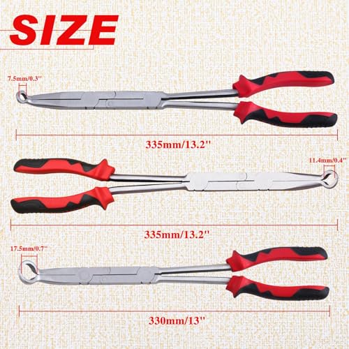3PCS Extra Long Nose Hose Grip Pliers Set 13" Spark Plug Remeover Pliers Long Reach XL Pivot Ring Nose Plier Double Joint Ring Nose Plier with Serrated Jaw for Hard to Reach Narrow Spaces - style: 3PCS Ring Nose