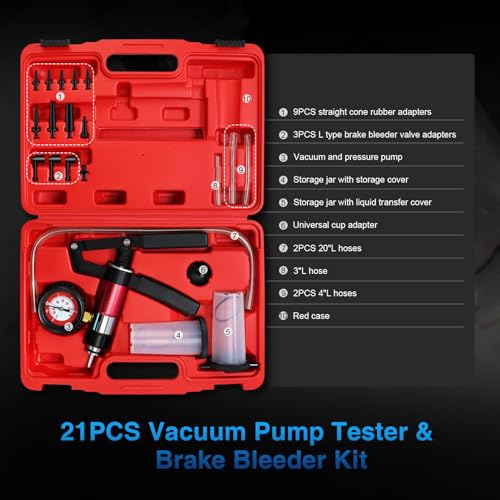 YSTOOL Hand Held Vacuum and Pressure Pump Brake Clutch Fluid Bleeder Tool Kit Oil Change Power Steering Fluid Bleeding Set with Pressure Gauge Jar Adapters for Auto Car Truck Motorcycle Use - color: Red