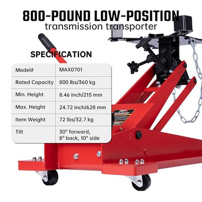 800 lbs Adjustable Hydraulic Transmission Jack – Low Profile Telescoping Floor Lift with 360° Swivel Casters, Heavy-Duty Steel Construction