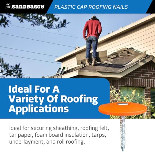 Sandbaggy 1" Plastic Cap Roofing Nails - Ring Shank, Electro Galvanized - Roof Underlayment, Felt Paper, House Wrap, Tar Paper (300)