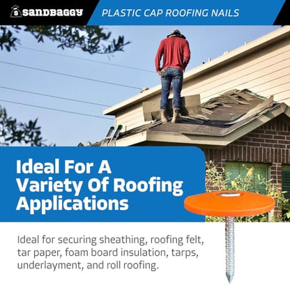 Sandbaggy 1" Plastic Cap Roofing Nails - Ring Shank, Electro Galvanized - Roof Underlayment, Felt Paper, House Wrap, Tar Paper (300)