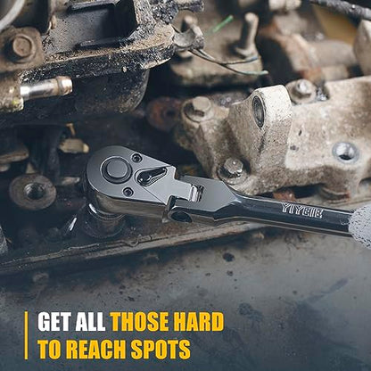 YIYEIE 6-Piece Flex Head Ratchet Set, 1/4", 3/8", 1/2" Drive, Swivel Head Ratchet Wrench with Extension Bar, 72 Tooth, 180° Adjustable, Quick-Release, Flexible Ratchet Handle with EVA Foam - size: 1/4", 3/8", 1/2" Drive, style: 6pcs Flex Head Ratchet Set