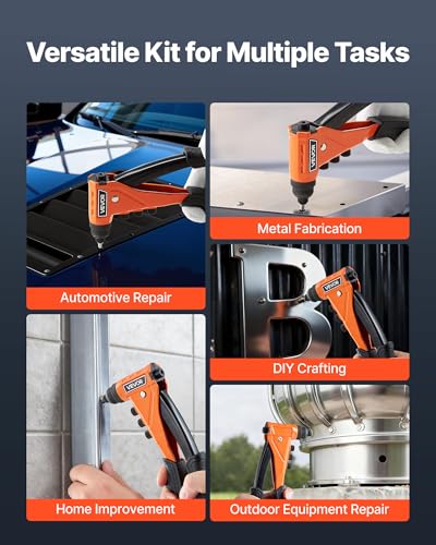 VEVOR Pop Rivet Gun Kit, with 200 Blind Rivets, Heavy Duty Single Hand Riveter with 4 Interchangeable Nosepieces, 4 Drill Bits, and a Carrying Case, Manual Riveting Tool for Metal, Automotive, Home - size: 9", style: RIVET GUN