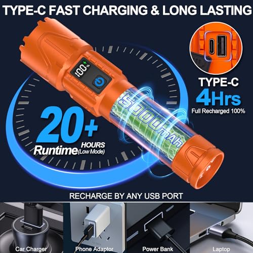 Rechargeable Tactical Flashlights 2000 High Lumens - 5000mAh Super Bright LED Powerful Flash Light, Waterproof Handheld USB C Flashlight for Home,Car,Camping,Emergencies,5 Modes,Zoomable (1, Orange) - color: Orange