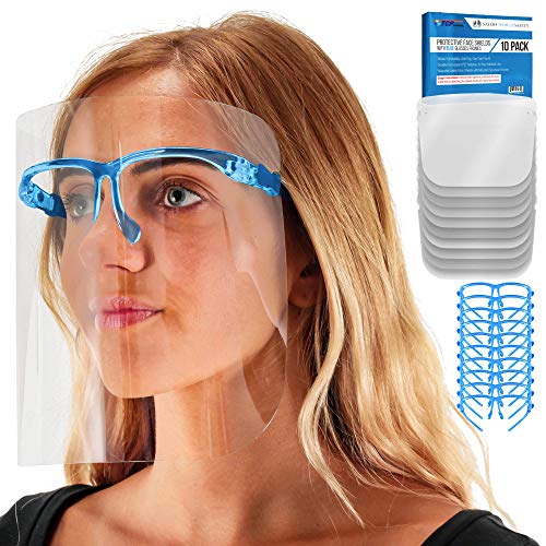 TCP Global Salon World Safety Face Shields with Blue Glasses Frames (Pack of 10) - Ultra Clear Protective Full Face Shields to Protect Eyes, Nose, Mouth - Anti-Fog PET Plastic, Goggles - color: Blue