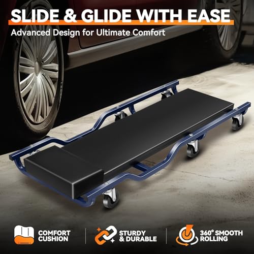 Auto Dynasty 40 Inches Mechanic Creeper, Automotive Garage Repair Low Profile Under Car Rolling Heavy Duty Creeper with Padded Headrest, Metal, Black/Blue
