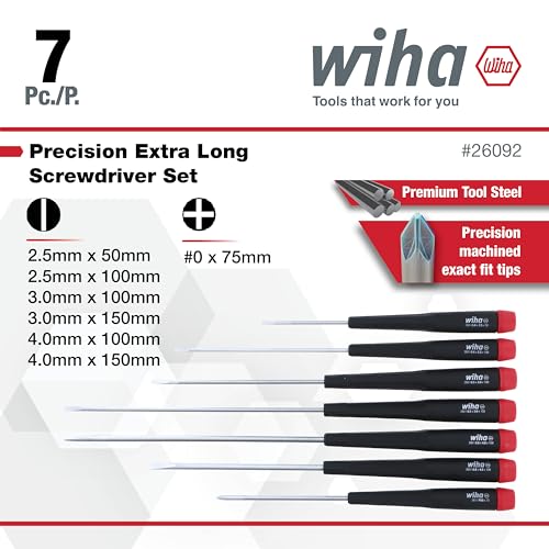 Wiha 26092 Slotted and Phillips Screwdriver Set with Precision Handle, Long, 7 Piece