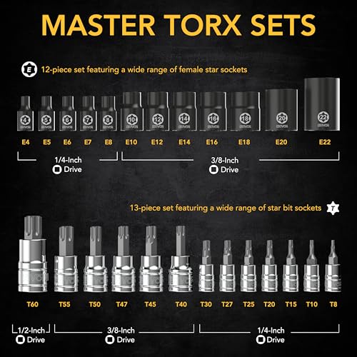 LEXIVON Premium Master HEX Bit Socket Set, Complete 32-Piece, SAE and Metric Set + Premium Master Torx Bit and Socket Set, 25-Piece, Bit Socket T8-T60 & E-Torx E4-E22