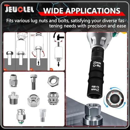 6PCS 1/2" Drive Flip Lug Nut Impact Socket Set, 8-IN-4 Socket Design Metric 17 19 21 22 mm and SAE 3/4 13/16 7/8 15/16 in Dual-End Thin Wall Nut Sockets, Double Sided Lug Nut Extractor