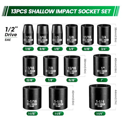 Steel Vision Tools 13-Piece 1/2-Inch Drive SAE Impact Socket Set | Chrome-Moly Steel | Deep Impact Sockets | Easy-to-Read Markings | Heavy-Duty Performance | Storage Case Included - style: 1/2"_SAE_Shallow