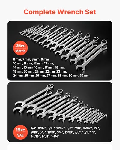 VEVOR Combination Wrench Set, 44-Piece SAE and Metric, 12-Point Box End and 15° Angled Open End Combination Wrenches with Roll Up Pouch, Carbon Steel, for General Household and Automotive Repairs - size: 44PCS (Metric&SAE), style: Regular