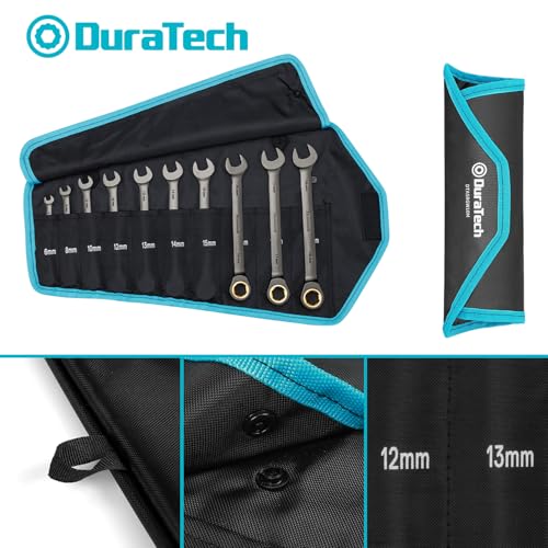 DURATECH Anti-Slip Ratcheting Wrench Set, Combination Wrench Set, 10-Piece, Metric 6-18mm, 72-Tooth, Nickel Plating, CR-V Steel, with Pouch - size: 6.0-18.0mm, style: Anti-slip