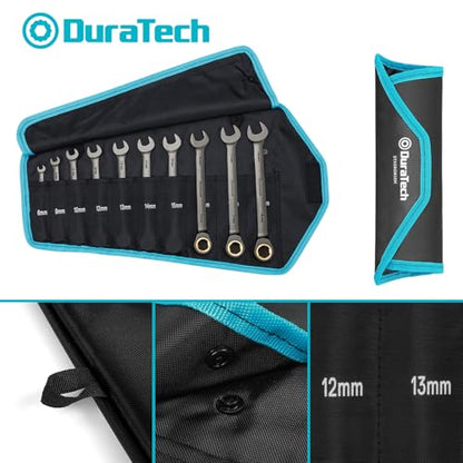 DURATECH Anti-Slip Ratcheting Wrench Set, Combination Wrench Set, 10-Piece, Metric 6-18mm, 72-Tooth, Nickel Plating, CR-V Steel, with Pouch - size: 6.0-18.0mm, style: Anti-slip