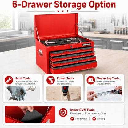 ARNOT Large Metal Tool Box, Tool Box with 6 Drawers & Top Tray, Heavy-Duty Steel Tool Chest with Auto-Locking Drawers and Side Handles for Garage & Workbench, Red - color: Red