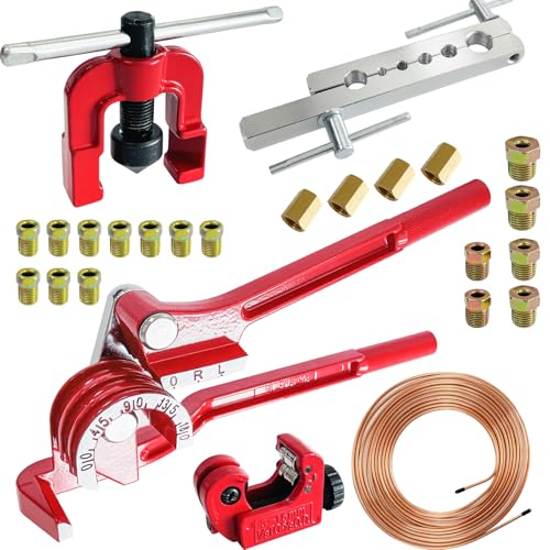 3/16 Inch Brake Line Kit Include 25 FT Copper-Plated Brake Lines with 20pcs Fitting, Single Flare Tool, Brake line Bender and Tube Cutter, 3/16 Inch Brake Line Tools kit