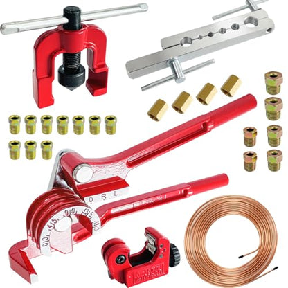3/16 Inch Brake Line Kit Include 25 FT Copper-Plated Brake Lines with 20pcs Fitting, Single Flare Tool, Brake line Bender and Tube Cutter, 3/16 Inch Brake Line Tools kit