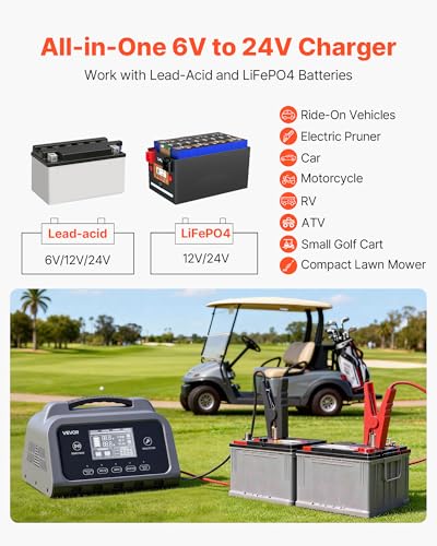 VEVOR Smart Battery Charger, 30A, 6V 12V 24V LiFePO4 Lead-Acid (Gel/AGM) Lithium Car Battery Charger, with LCD Display, Trickle Charging Maintainer Desulfator, for Car, Boat, Motorcycle, Lawn Mowers