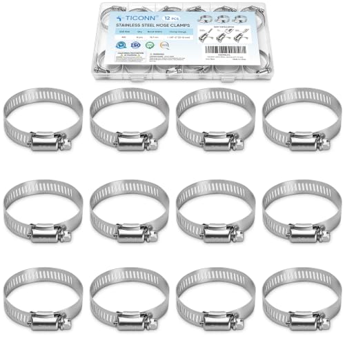 TICONN 12PCS Hose Clamp Set - 1 1/8''–2'' 304 Stainless Steel Worm Gear Hose Clamps for Pipe, Intercooler, Plumbing, Tube and Fuel Line (27–51 mm) - size: SAE #20 12PCS 1-1/8''~2"