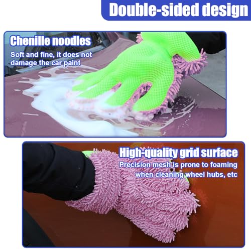 2PCS Car Wash Mitts, Double Sided Chenille Microfiber Dusting Gloves with 5-Finger Design, Anti-Scratch Auto Interior Exterior Detailing Mitt for Cleaning Wheel Tight Spot (Purple) - color: Purple