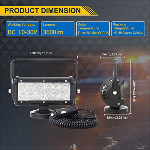 SKYWORLD 2Pcs Portable Magnetic Base Led Work Light Bar, 7 inch 36W Flood Beam, 12V 24V Off Road Driving Lights Fog Lamp for Car Truck 4x4 SUV ATV Tractors Excavator, 6000K White, Led Search Lights - size: 2Pcs 7 Inch 36W Flood