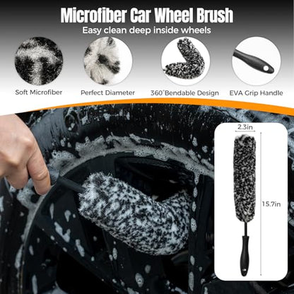 9Pcs Car Wheel Brush kit, Tire Brush, Microfiber Flat Wheel Cleaner Brush | Soft-bristled Rim Cleaner Brush, Tire Shine Applicator, Detailing Brushes, Detailing Pads, Scratch-Free Car Drying Towel