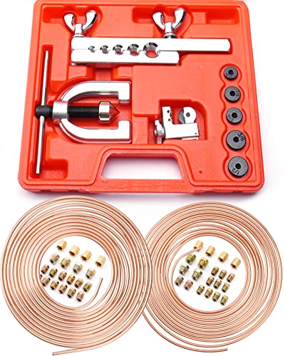 25 ft 3/16" + 1/4" Copper Coated Brake Line Kit (Includes 32 Fittings and 8 Unions)+ Brake Line Double & Single Flaring Tool Kit