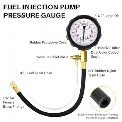 0-140PSI Pressure Tester Gauge Kit Car Tools with Gauge Tester Kit Gas Oil Pressure Tools for Cars and Trucks， TU-114 Fuel Pressure Tester Kit，Test Gasoline Fuel Pump Pressure