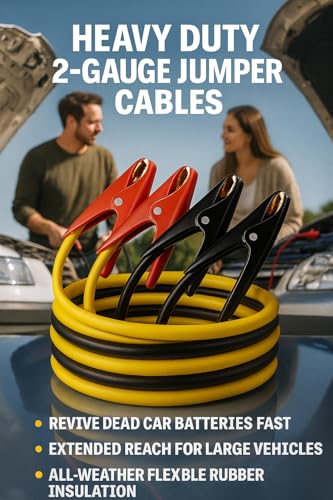 Heavy Duty 2 Gauge 20 Ft Battery Booster Cables 350A Capacity, Thick Rubber Insulation & Coated Clamps Compatible with DURALAST Jumper Cables for Cars, Trucks, SUVs, RVs, Boats, 12V or 24V Batteries