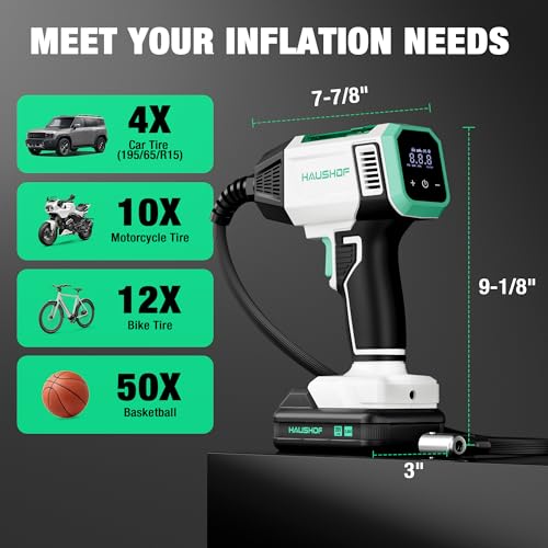 HAUSHOF Tire Inflator Portable Air Compressor, 150 PSI Air Pump, Dual Power | 20V Battery & 12V DC Power, Auto Shut-Off, Digital Gauge & LED Light, Ideal for Cars, Motorcycles, Bikes