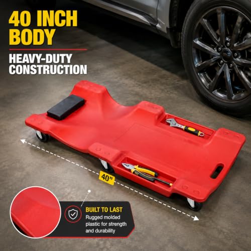 40 Inch Mechanic Creeper, Creepers Automotive Blow Molded Low Profile Under Car Rolling Garage Creeper Shop with Padded Headrest, Dual Tool Trays, 350lbs, Red