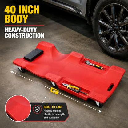 40 Inch Mechanic Creeper, Creepers Automotive Blow Molded Low Profile Under Car Rolling Garage Creeper Shop with Padded Headrest, Dual Tool Trays, 350lbs, Red