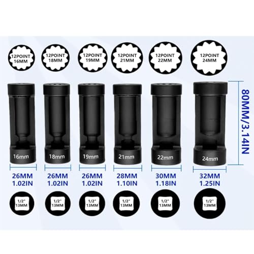 Strut Nut Socket, 6 Pcs Suspension Strut Nut Socket Tool 16-24mm 1/2 Inch Drive 12 Point Shock Absorber Removal Tool Kit
