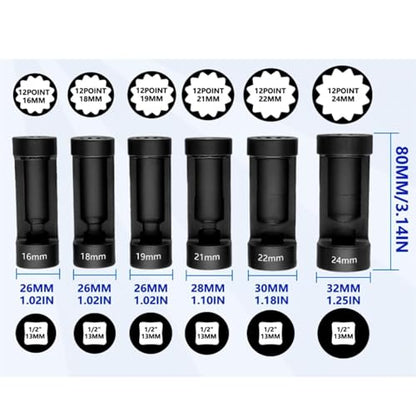 Strut Nut Socket, 6 Pcs Suspension Strut Nut Socket Tool 16-24mm 1/2 Inch Drive 12 Point Shock Absorber Removal Tool Kit